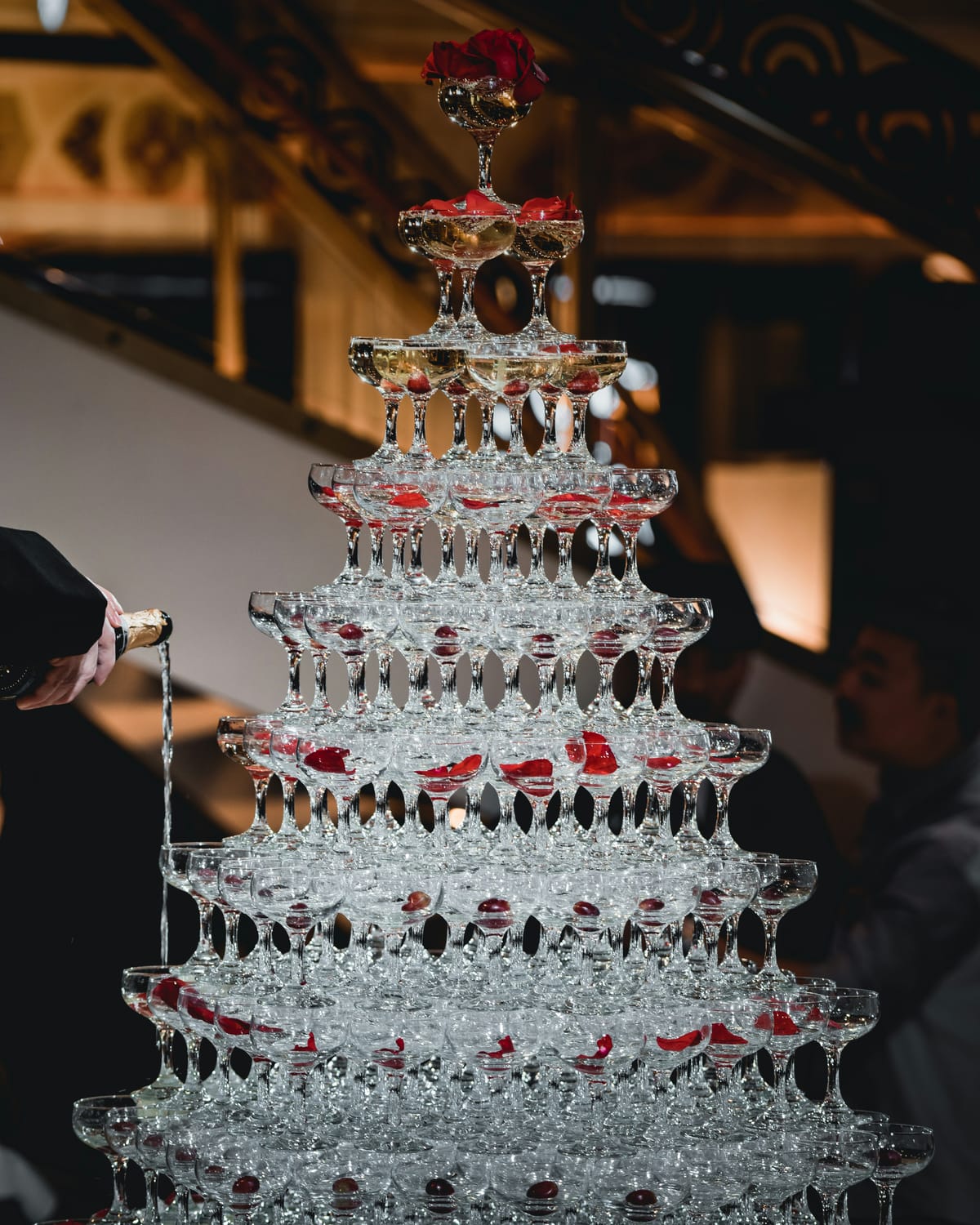 A champagne tower at a wedding reception