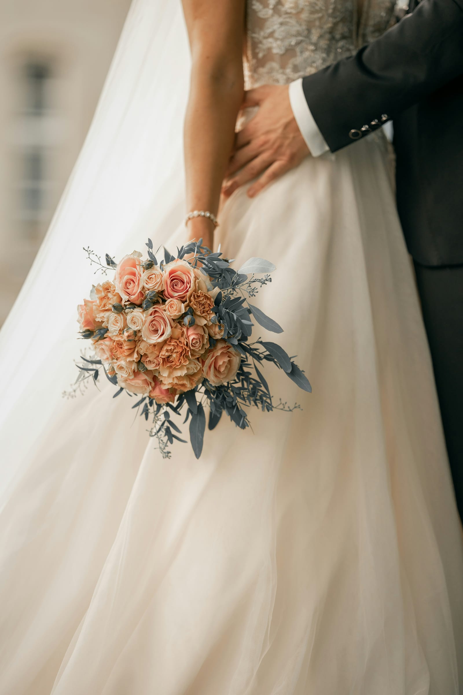 A close-up of a lush bridal bouquet