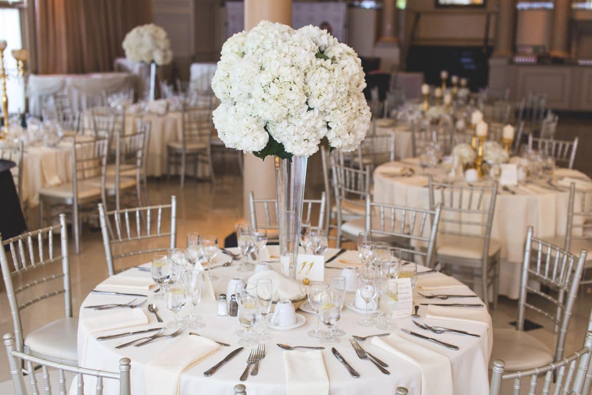 An elegant hotel ballroom set for a wedding reception